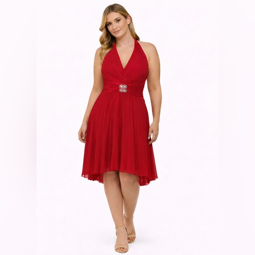 🌹Vivid Red & Rhinestone Pleated Halter Dress